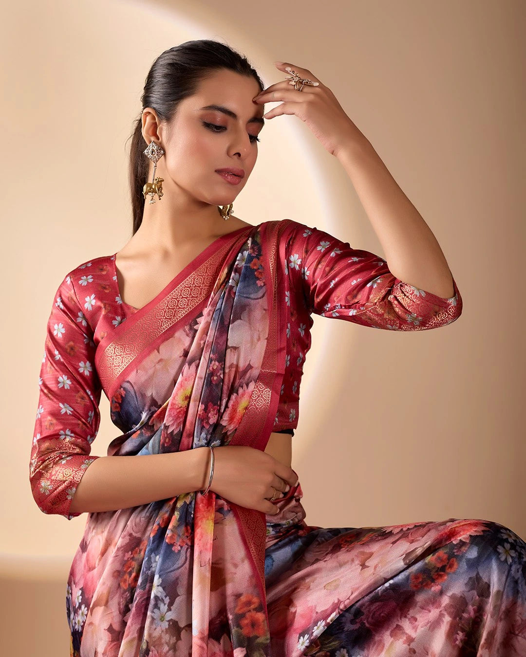 Soft Peach Digital Print & Zari Woven Border Soft Lichi Silk. – Kalyanja